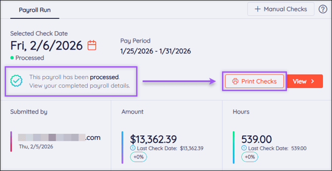 A screenshot of the Payroll Dashboard after the payroll has processed, highlighting the Print Checks button.