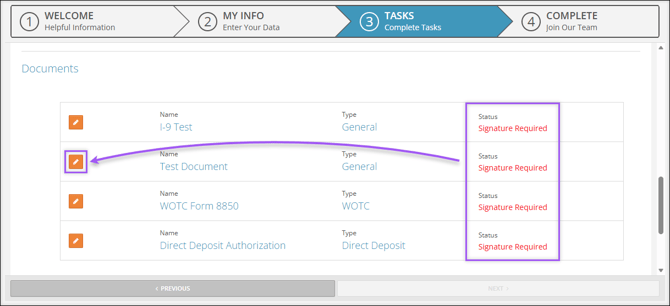 A screenshot of the Documents section of the Onboarding Tasks.