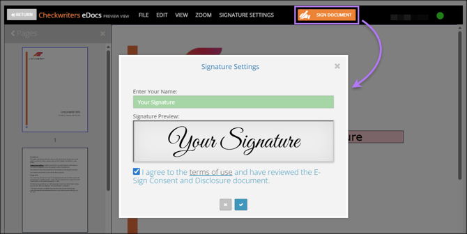 A screenshot of the E-Sign pop-up when signing Checkwriters eDocs.