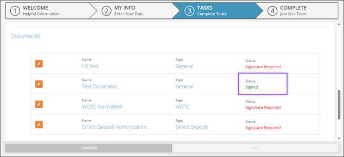 A screenshot of the Documents section of Onboarding Tasks, highlighting the "Signed" status.
