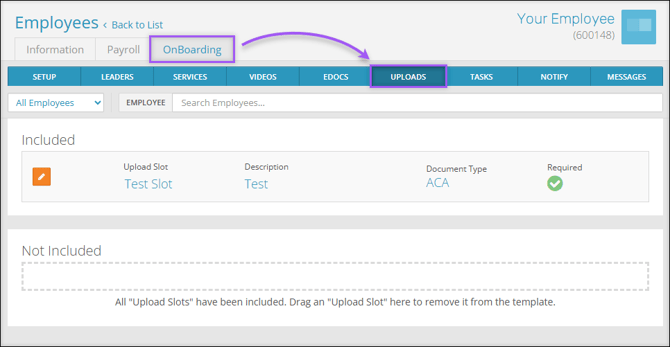 A screenshot of the Employee Onboarding to Upload Slot navigation path.