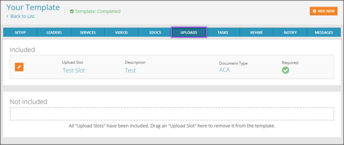 A screenshot of the Uploads tab within an Onboarding Template.
