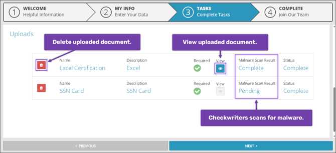 A screenshot of the Uploads section of the Onboarding Tasks, highlighting the Malware Scan Results and the Delete and View buttons.