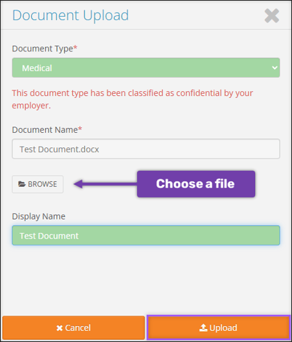 A screenshot of the Document Upload aside.