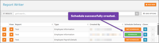 A screenshot of the Report Writer page highlighting the "Scheduled" status.