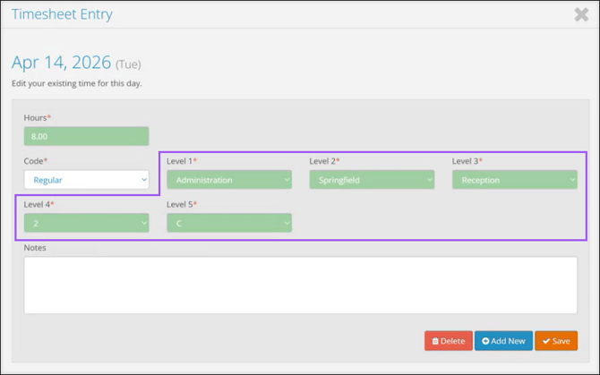 A screenshot of the ESS Timesheet Entry aside, highlighting the five different Cost Centers.