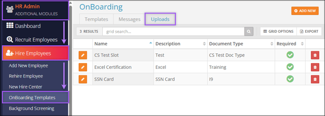 A screenshot of the Onboarding Uploads management page.