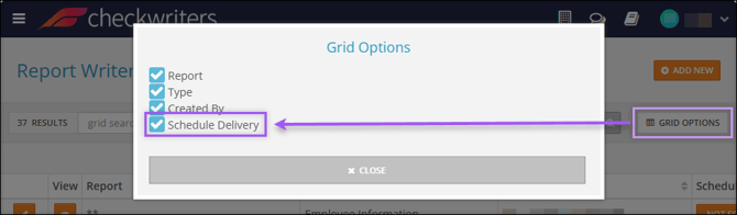 A screenshot of the Report Writer Grid Options, highlighting the Schedule Delivery checkbox.