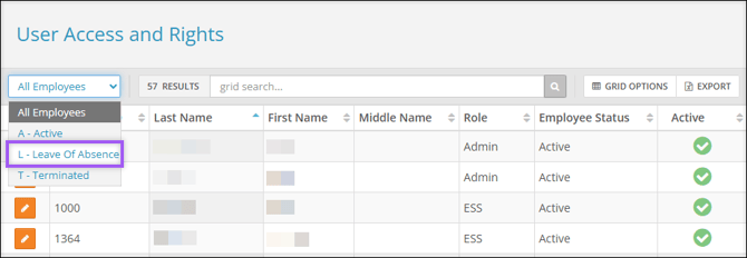 A screenshot of the User Access and Rights page, highlighting the "Leave of Absence" employee filter option.