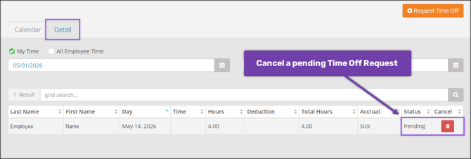 A screenshot of the ESS Time Off Calendar Detail page, highlighting the delete button for a pending request.