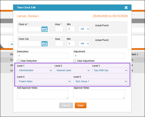 A screenshot of the TimeClock Mgr/Adm Approval Add/Edit page.