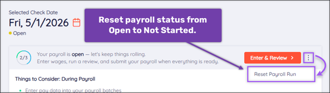 A screenshot of the Payroll Dashboard highlighting the Reset Payroll Run option.
