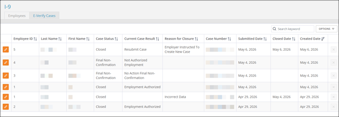 A screenshot of the I-9 E-Verify Cases tab.