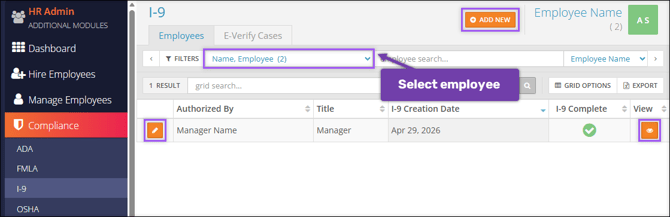 A screenshot of the Compliance I-9 Employees tab, highlighting the employee selection dropdown menu.