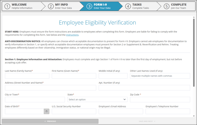 A screenshot of the Form I-9 tab in Employee Onboarding.