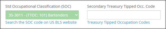 A screenshot of the Std Occupational Classification field with SOC 35-3011 selected.
