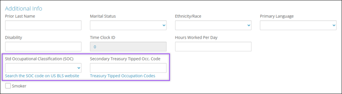 A screenshot of the Additional Info section of Employee Demographics, highlighting the Std Occupational Classification (SOC) and Secondary Treasury Tipped Occ. Code fields.