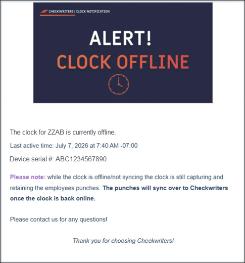 A screenshot of a Clock Offline email notification.