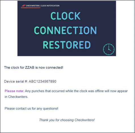 A screenshot of a Connection Restored email notification.