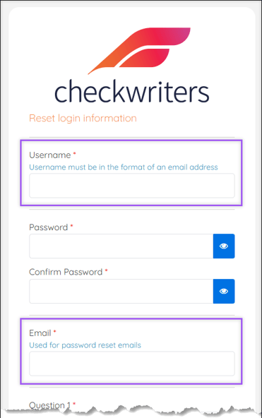A screenshot of the reset login page, highlighting the Username and Email fields.