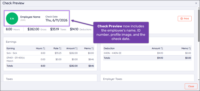 A screenshot of the Payroll Check Preview, highlighting the employee name, ID, profile image, and check date.