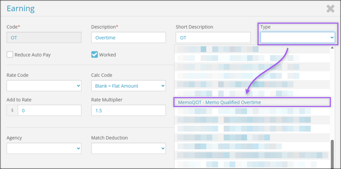 A screenshot of the MemoQOT - Memo Qualified Overtime pay type.
