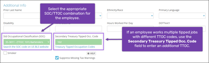 A screenshot of the Std Occupational Classification (SOC) and Secondary Treasury Tipped Occ. Code fields.