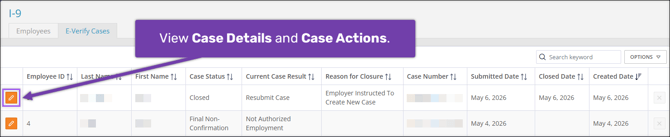 A screenshot of the I-9 E-Verify Cases tab, highlighting the Edit button.