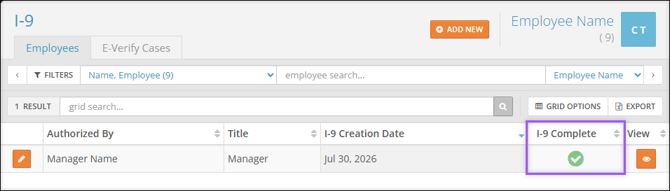 A screenshot of the I-9 Employees tab, highlighting the I-9 Complete column.