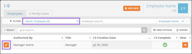 A screenshot of the I-9 Employees tab, highlighting the employee selection dropdown menu and the Edit button.