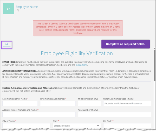 A screenshot of the Employee Eligibility Verification page, highlighting the I-9 tab.