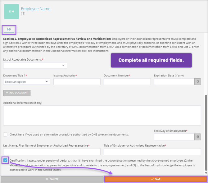 A screenshot of the I-9 Employee Eligibility Verification aside.