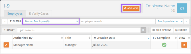 A screenshot of the I-9 Employees tab highlighting the employee selection dropdown menu and the Add New button.