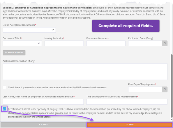 A screenshot of the second half of the Employee Eligibility Verification page, highlighting the Certification checkbox.