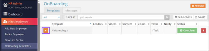 A screenshot of the Onboarding Templates page, highlighting the Edit button.