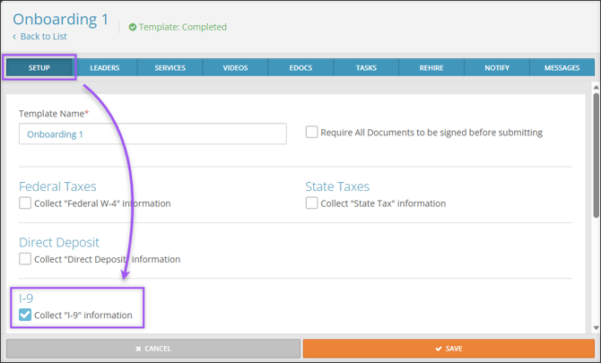 A screenshot of an Onboarding Template, highlighting the Setup tab and I-9 section.