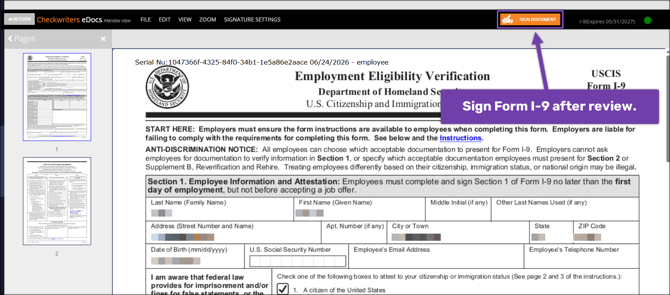A screenshot of the Form I-9 Employment Eligibility Verification e-sign.