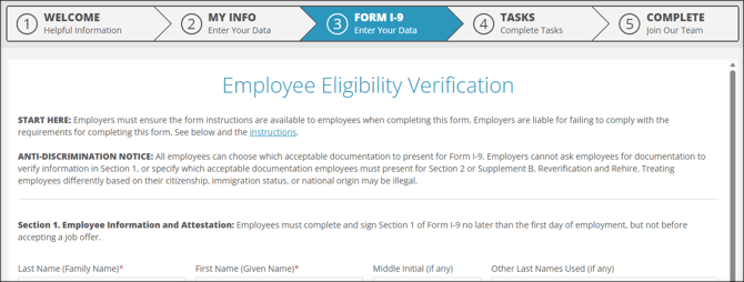 A screenshot of the Form I-9 tab in Employee Onboarding.