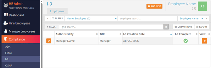 A screenshot of the Compliance I-9 Employees tab.