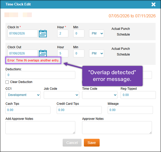 A screenshot of Time Clock Edit page highlighting the overlapping error message.