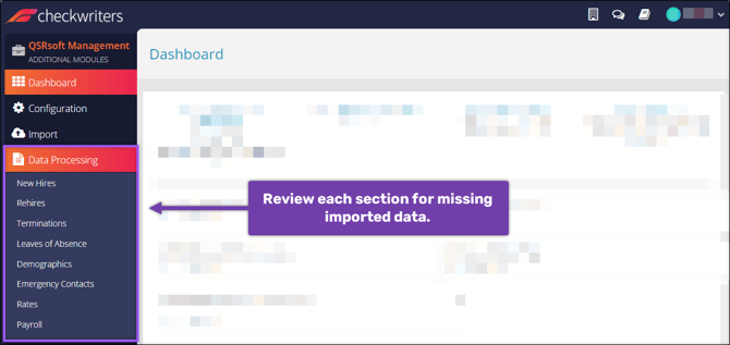 A screenshot of the QSRSoft Management > Data Processing menu.