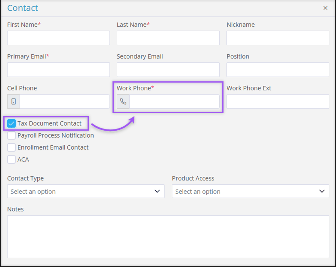 A screenshot of the Security Control Center Contacts aside highlighting the Tax Document Center checkbox and the require Work Phone field.