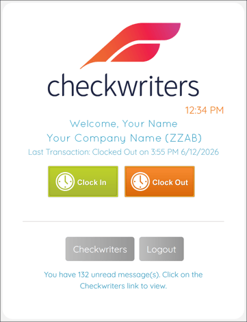 A screenshot of the Checkwriters Web Clock.