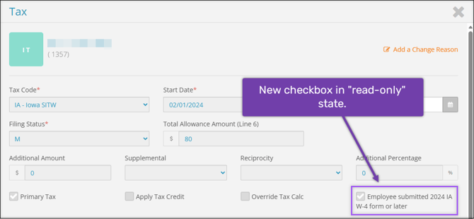 A screenshot of an Iowa SITW tax editing page, highlighting the "Employee submitted 2024 IA W-4 form or later" checkbox.