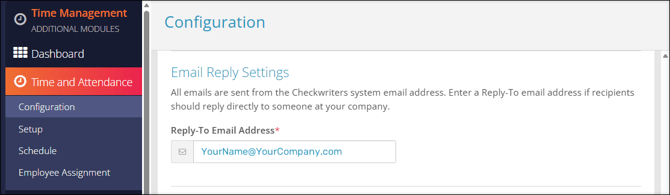 A screenshot of the Email Reply Settings section of Time Management Configuration.
