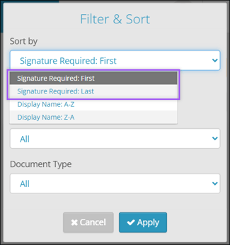 A screenshot of the ESS My Documents Filter &amp; Sort pop-up, highlighting the "Signature Required: First" and "Signature Required: Last" options.