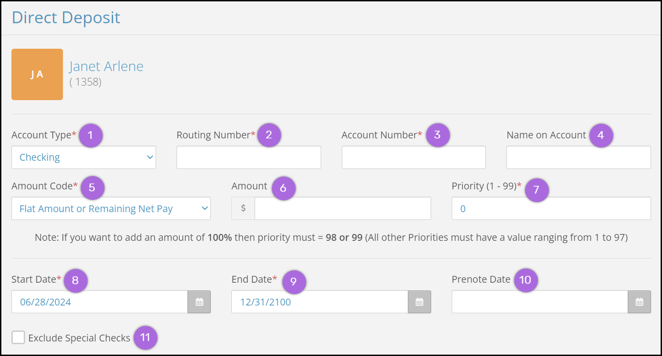 A screenshot of the Direct Deposit entry page. 