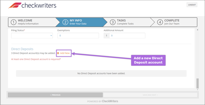 A screenshot of the Direct Deposit section of the Onboarding process with an arrow pointing to "Add New"