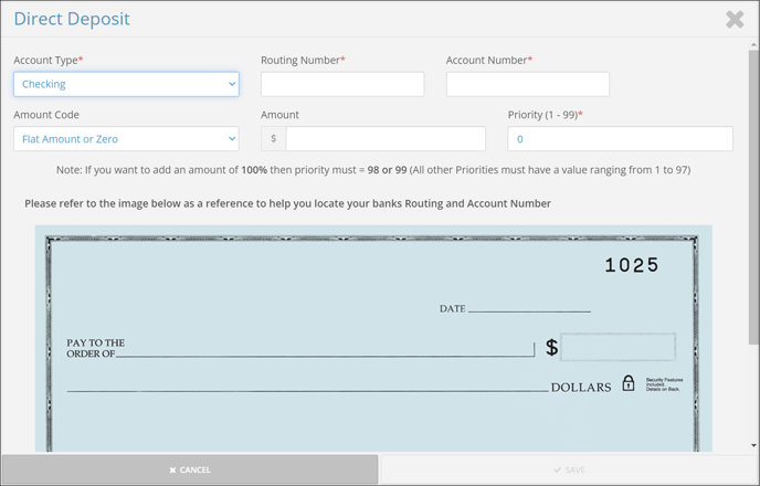 A screenshot of the Direct Deposit entry page from Onboarding. 