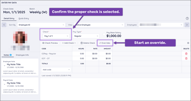 A screenshot of the Detail Entry page highlighting the Check dropdown, where you should confirm the check, and the Override button.